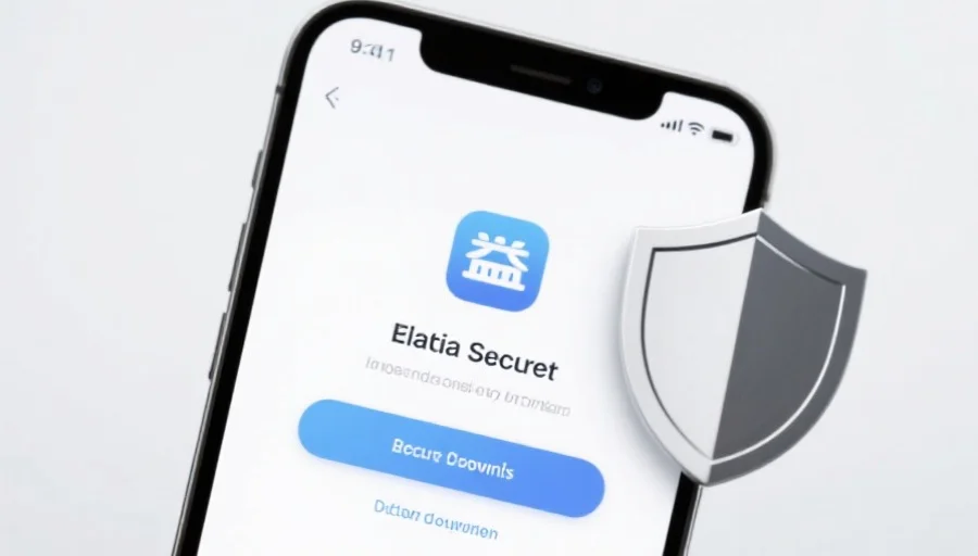 一部现代智能手机屏幕上显示欧陆应用的安全下载界面，旁边有安全盾牌图标，背景简洁