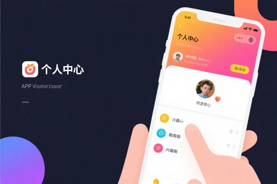 APP个人中心界面，用户正在自定义头像和兴趣标签，界面色彩明快，布局清晰